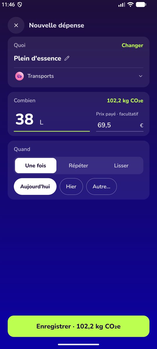 Saisie d'un plein d'essence : 69,50 € et 102 kg CO₂e